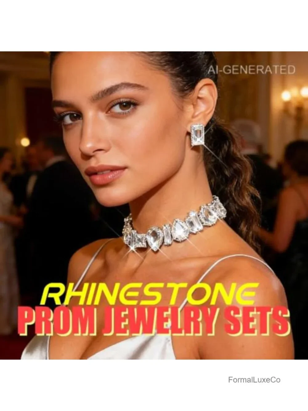 Rhinestone Choker Necklace and Earrings Set Sparkly Jewelry for Women Silver